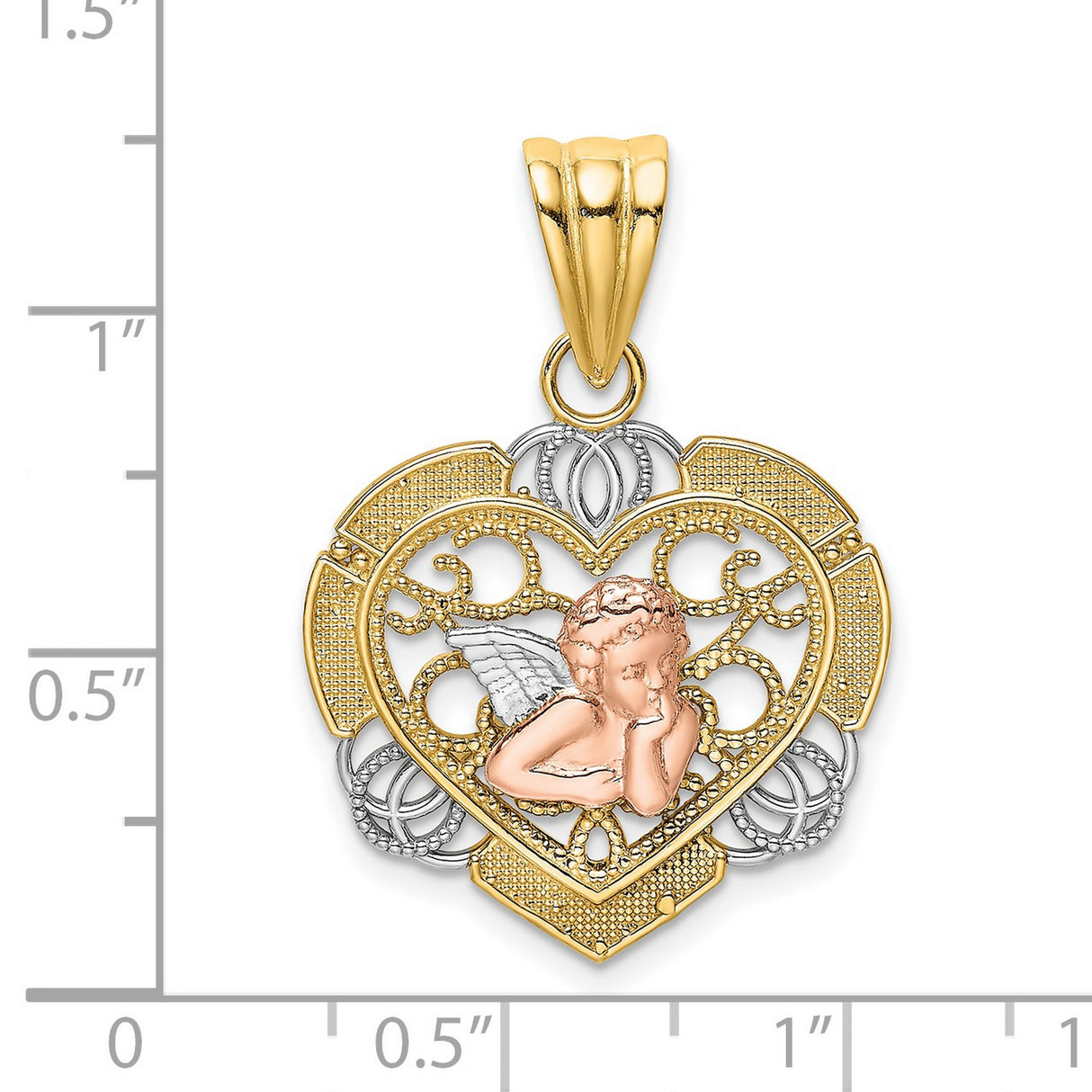 14k Two-Tone Gold Heart Pendant with Cherub Angel and Filigree Design