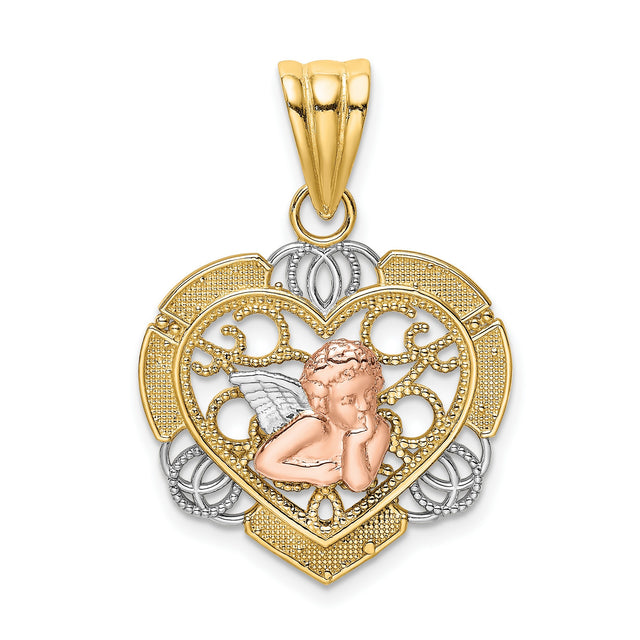 14k Two-Tone Gold Heart Pendant with Cherub Angel and Filigree Design