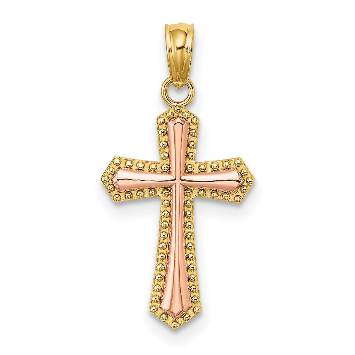 14k Two-Tone Gold Cross Pendant with Beveled Edge and Polished Finish Religious Jewelry