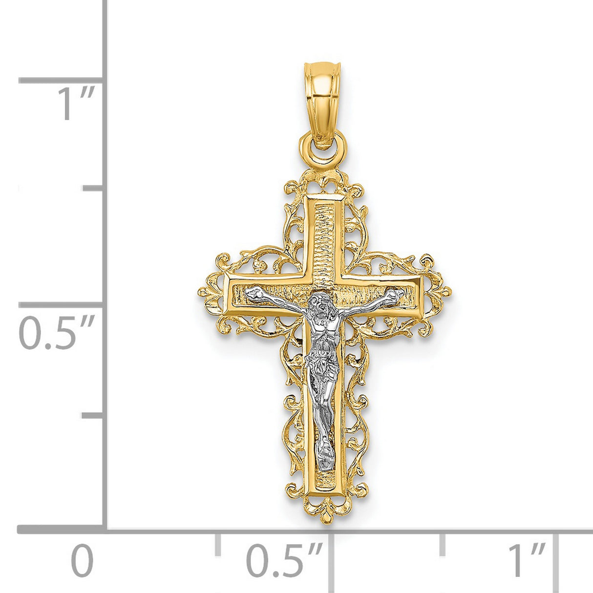 14k Two-Tone Gold Crucifix Cross Pendant with INRI Jesus and Ornate Filigree Design