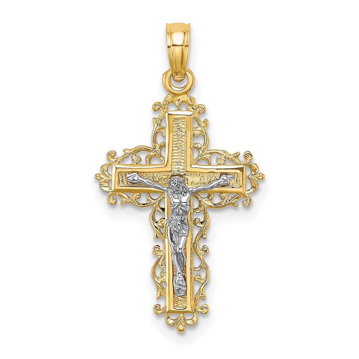 14k Two-Tone Gold Crucifix Cross Pendant with INRI Jesus and Ornate Filigree Design