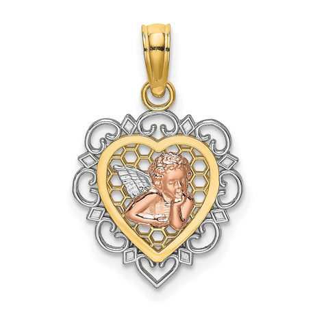 14k Two-Tone Gold Heart Shaped Cherub Angel Pendant with Filigree Border and Silver Wings