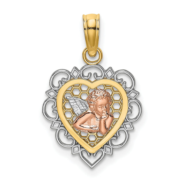 14k Two-Tone Gold Heart Shaped Cherub Angel Pendant with Filigree Border and Silver Wings