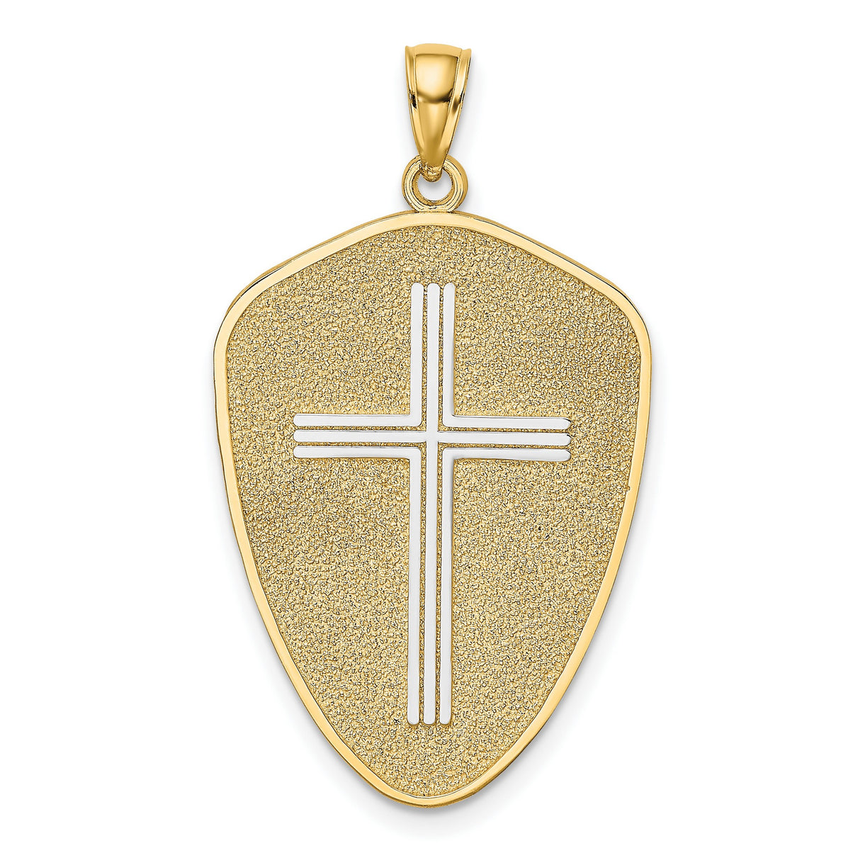 14k Multi-Tone Gold Cross Shield Pendant with Polished Border and Textured Finish