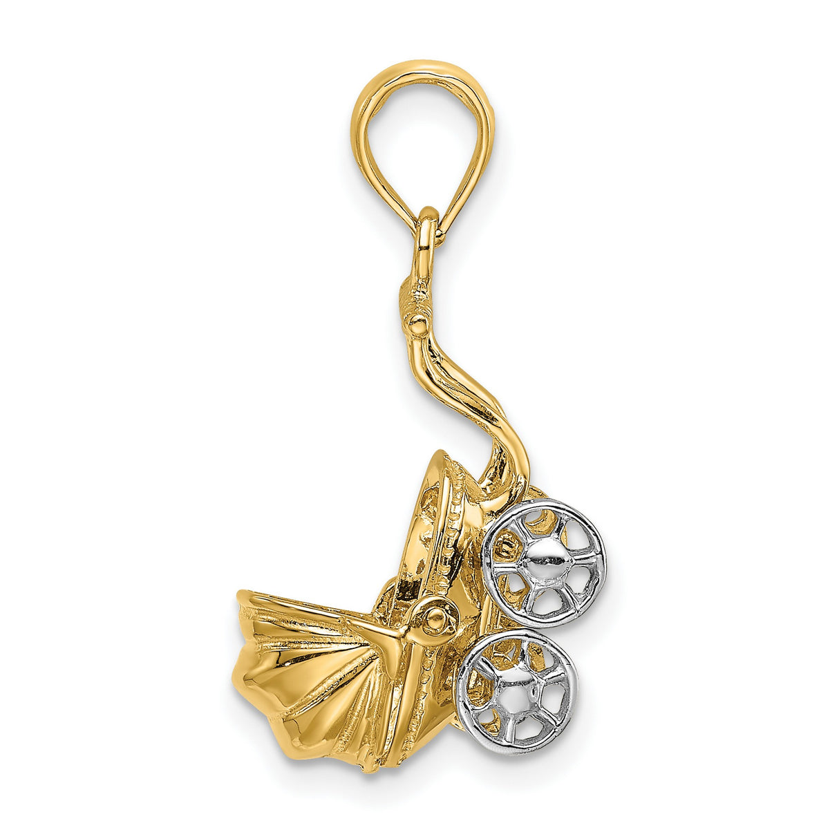14k Multi-Tone Gold Baby Stroller Pendant, Carriage Design, Motherhood Charm for Women