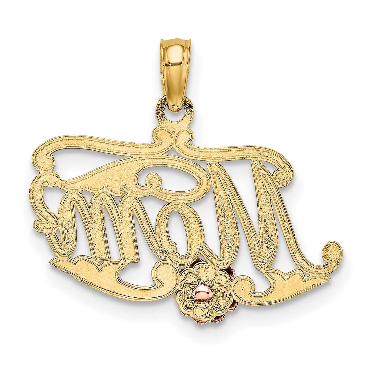 14k Two-Tone Gold Mom Pendant with Pink Rose Accent, Script Floral Charm for Women