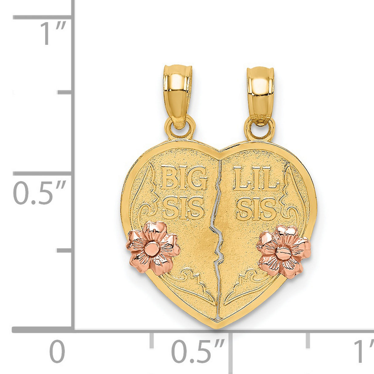 14k Two-Tone Gold Heart Pendant with Rose Gold Flower, Big Sis and Lil Sis Split Charm