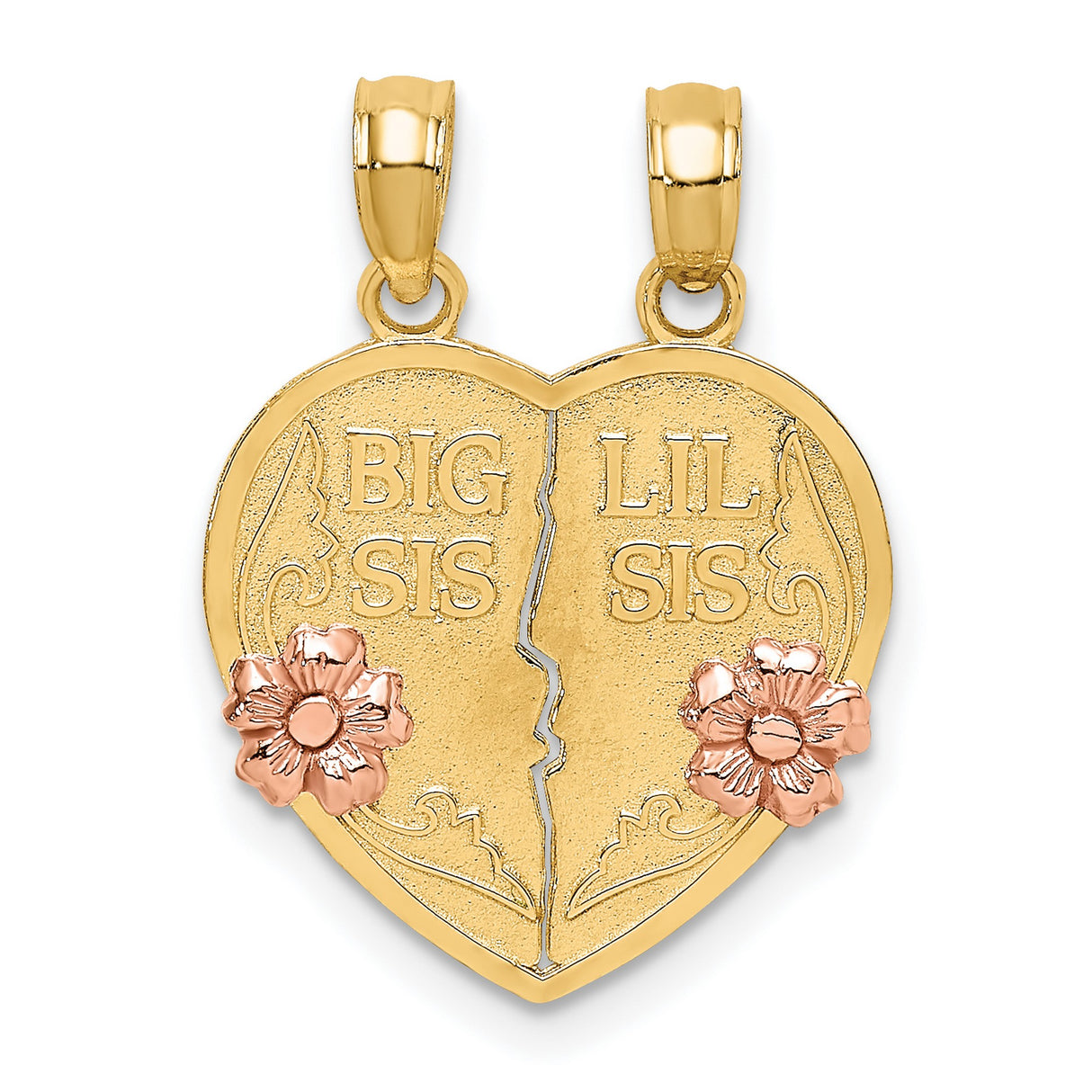 14k Two-Tone Gold Heart Pendant with Rose Gold Flower, Big Sis and Lil Sis Split Charm