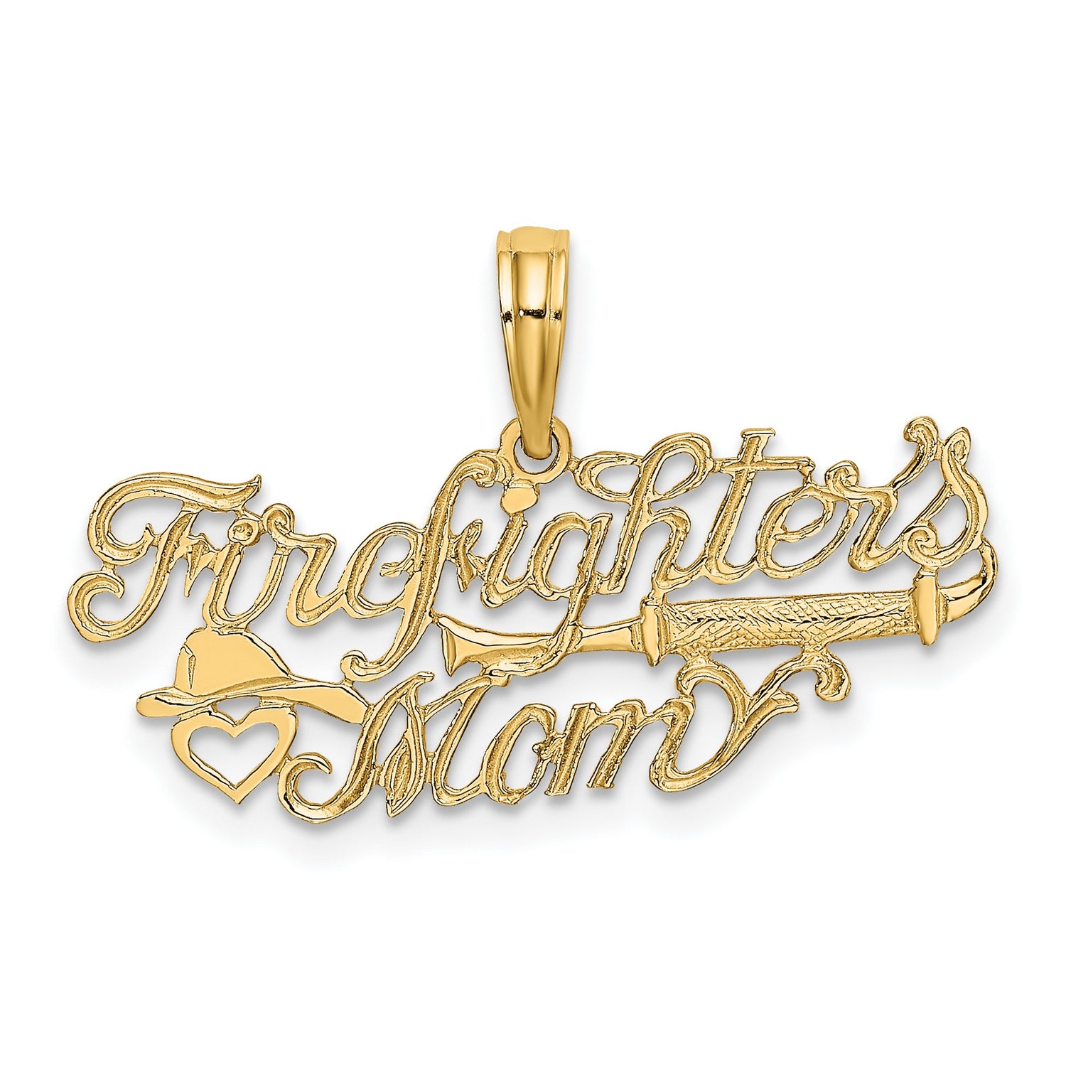14k Yellow Gold Firefighter Mom Pendant with Fire Helmet, Hose, and Heart Charm