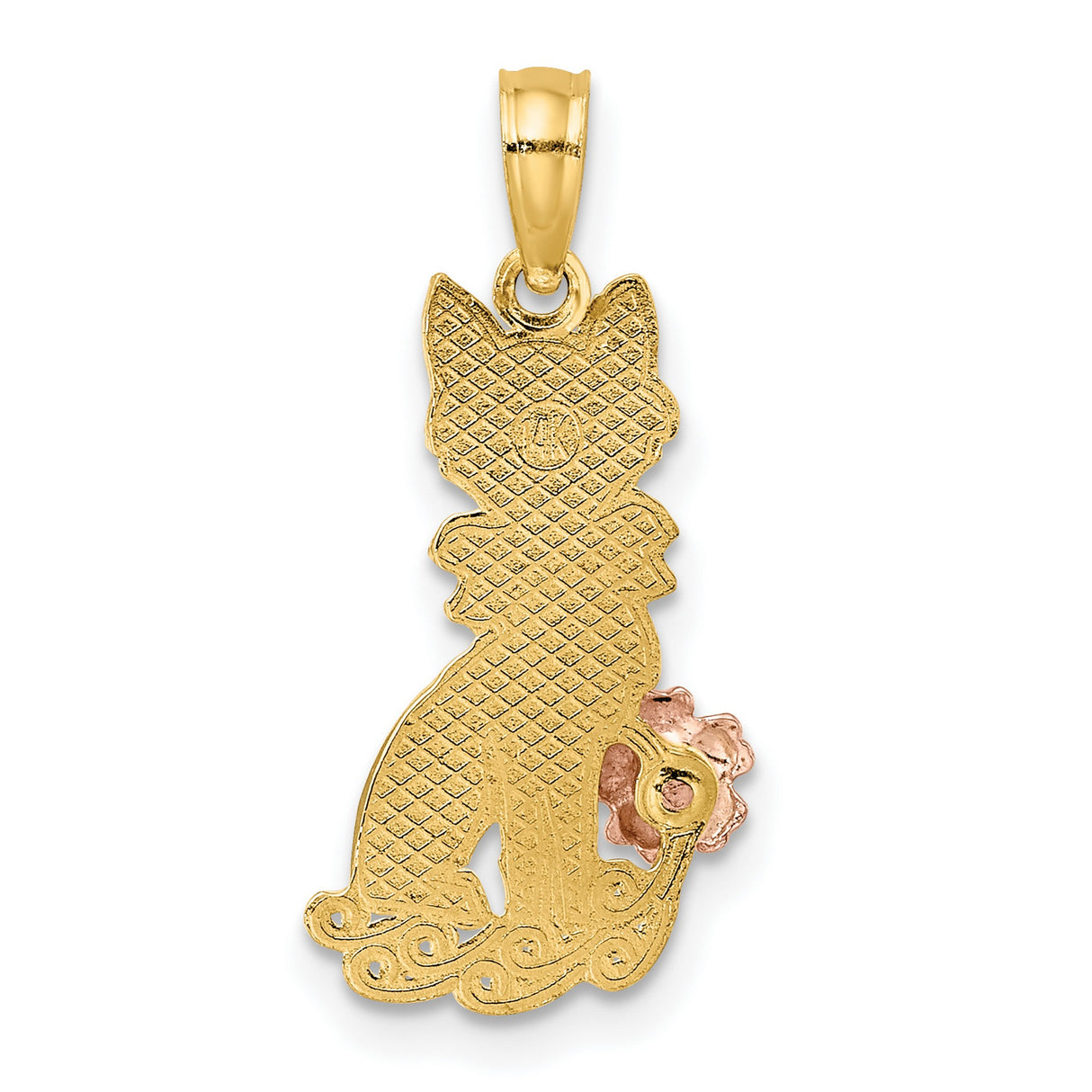 14k Two-Tone Gold Cat Pendant with Bow and Rose Gold Flower Accent
