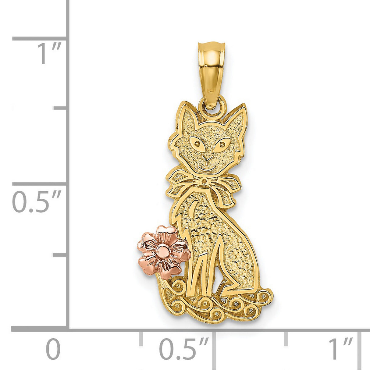 14k Two-Tone Gold Cat Pendant with Bow and Rose Gold Flower Accent