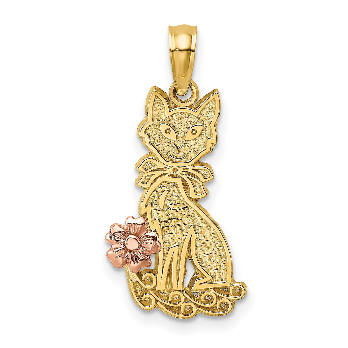 14k Two-Tone Gold Cat Pendant with Bow and Rose Gold Flower Accent