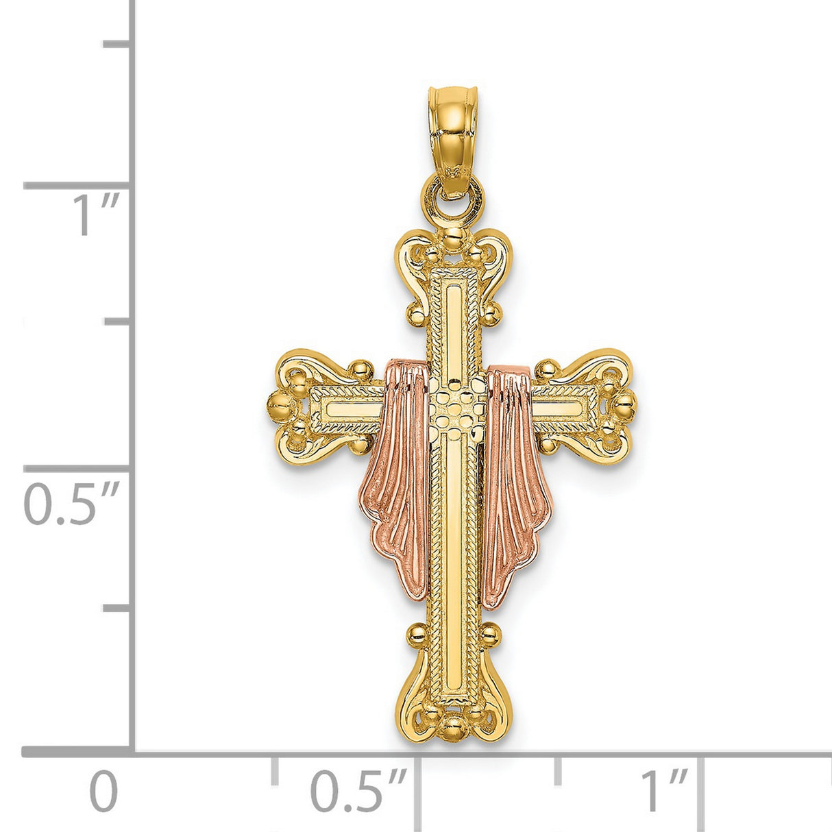 14k Multi-Tone Gold Cross Pendant with Baroque Scrollwork Design for Men and Women
