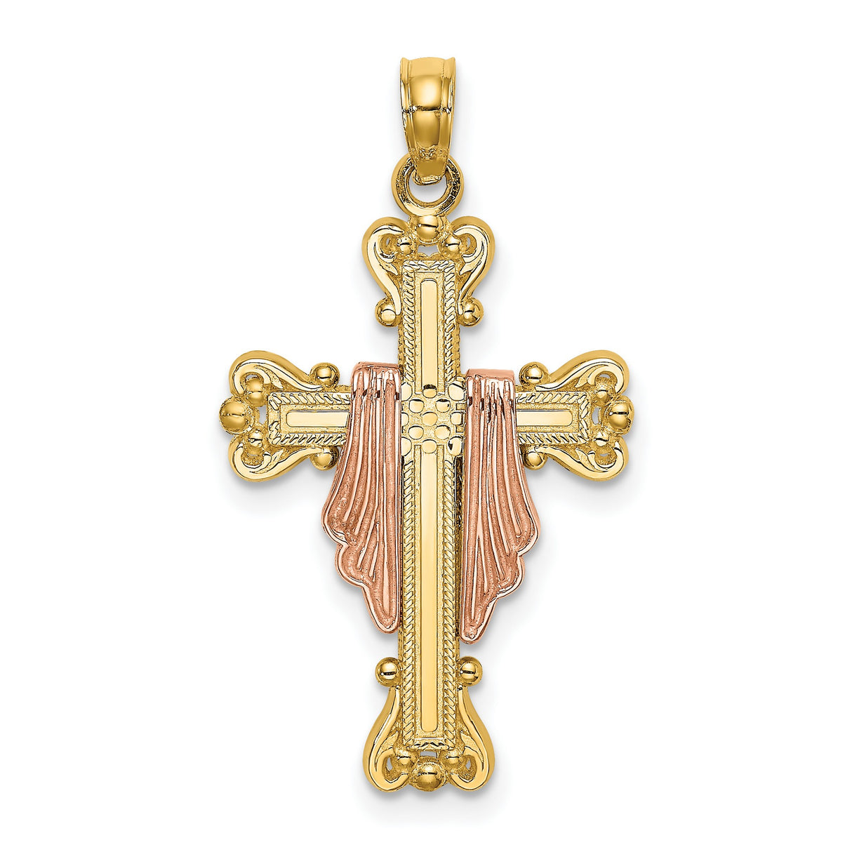 14k Multi-Tone Gold Cross Pendant with Baroque Scrollwork Design for Men and Women