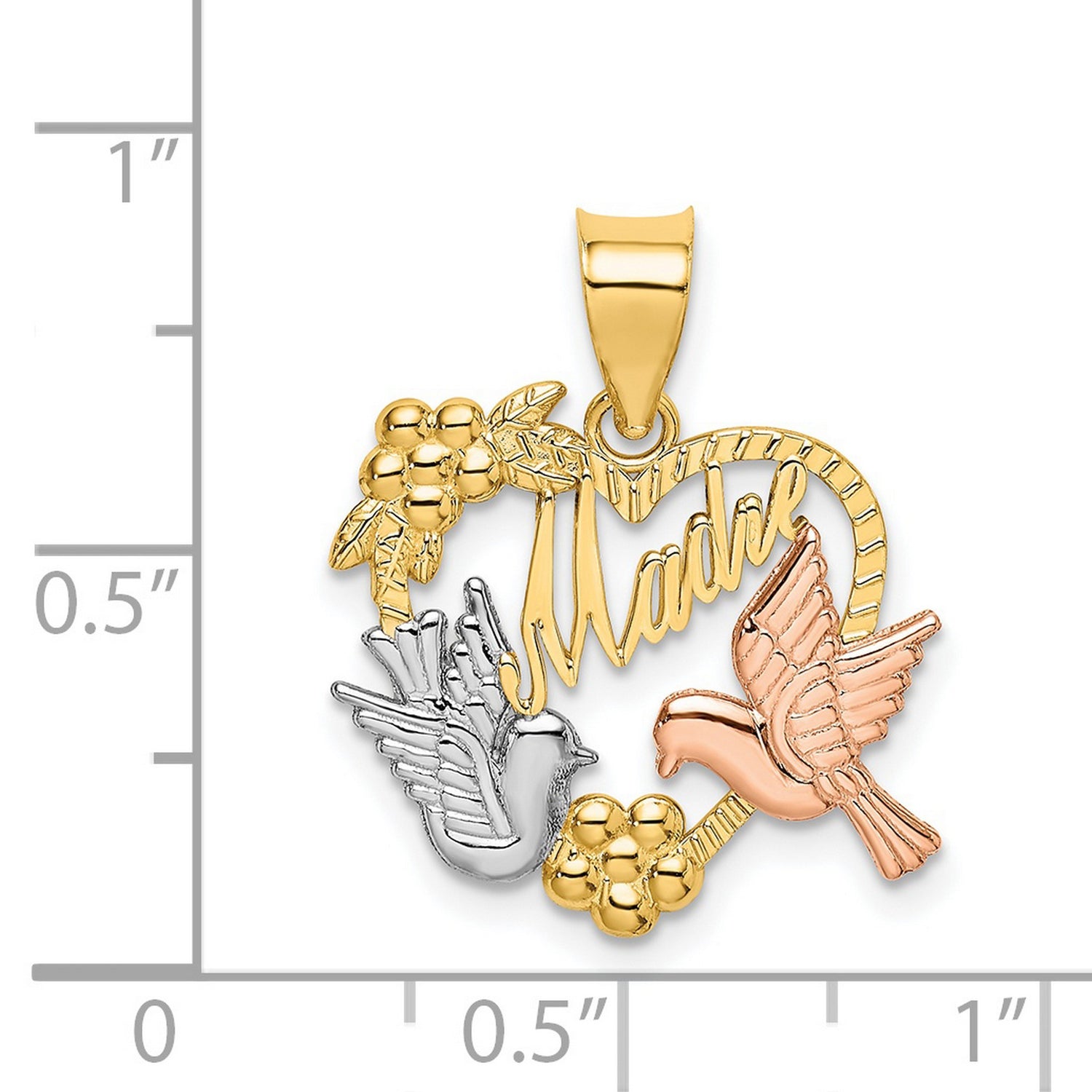 14k Two-Tone Gold Heart Pendant with Doves, Floral Detailing, Religious Script