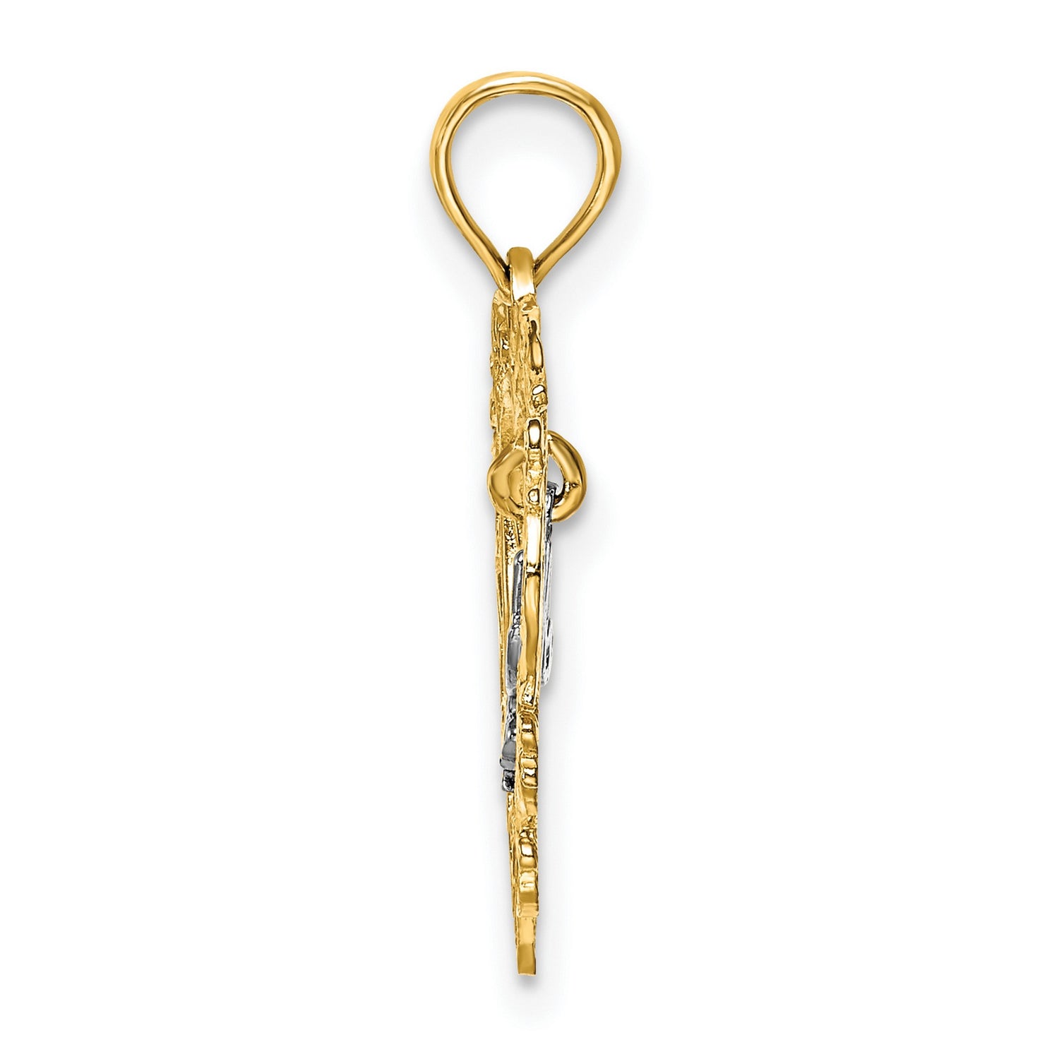 14k Two-Tone Gold Heart Pendant with Script Mom Design and Filigree Detailing
