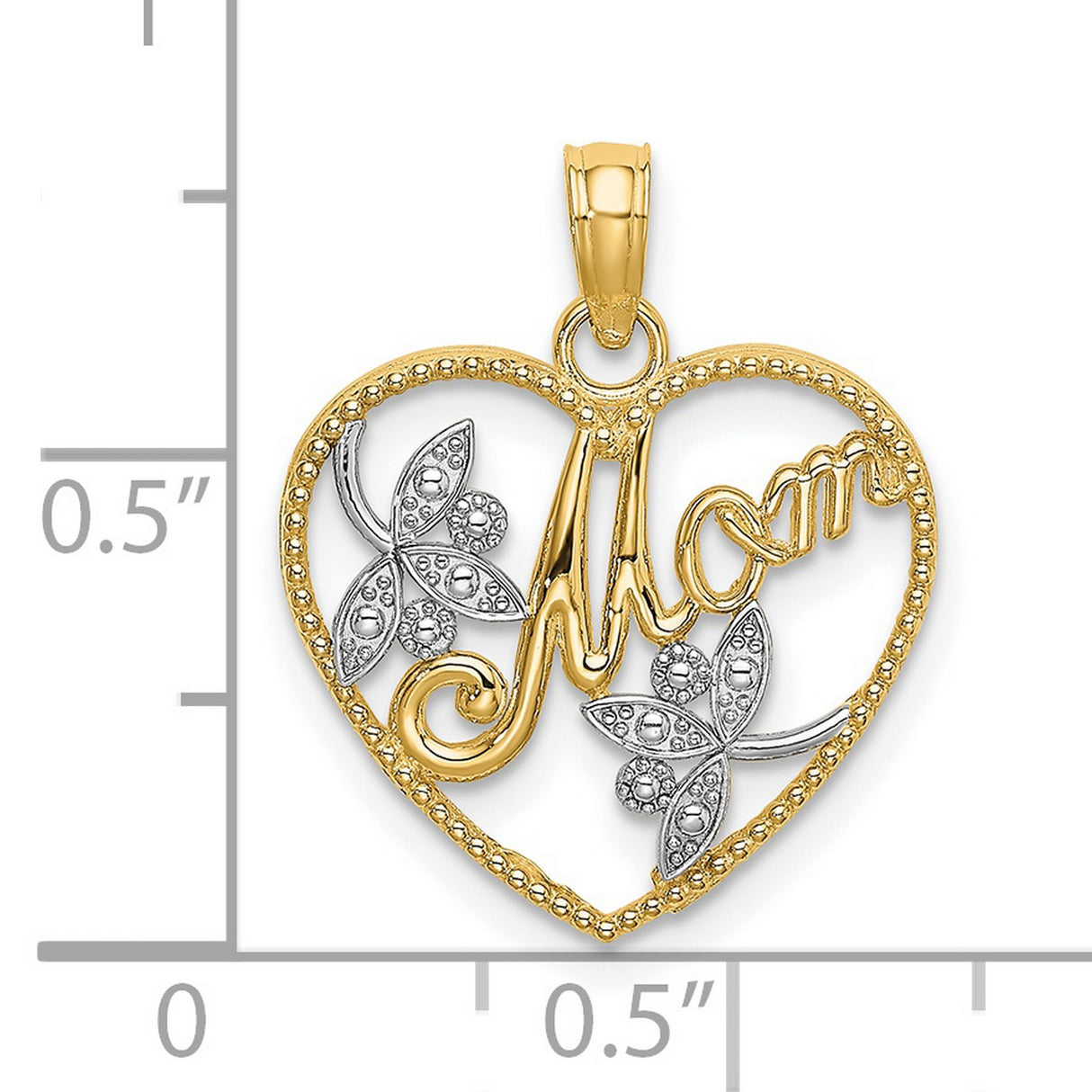 14k Multi-Tone Gold Heart Pendant with Floral Accents and Beaded Edge Detailing for Women