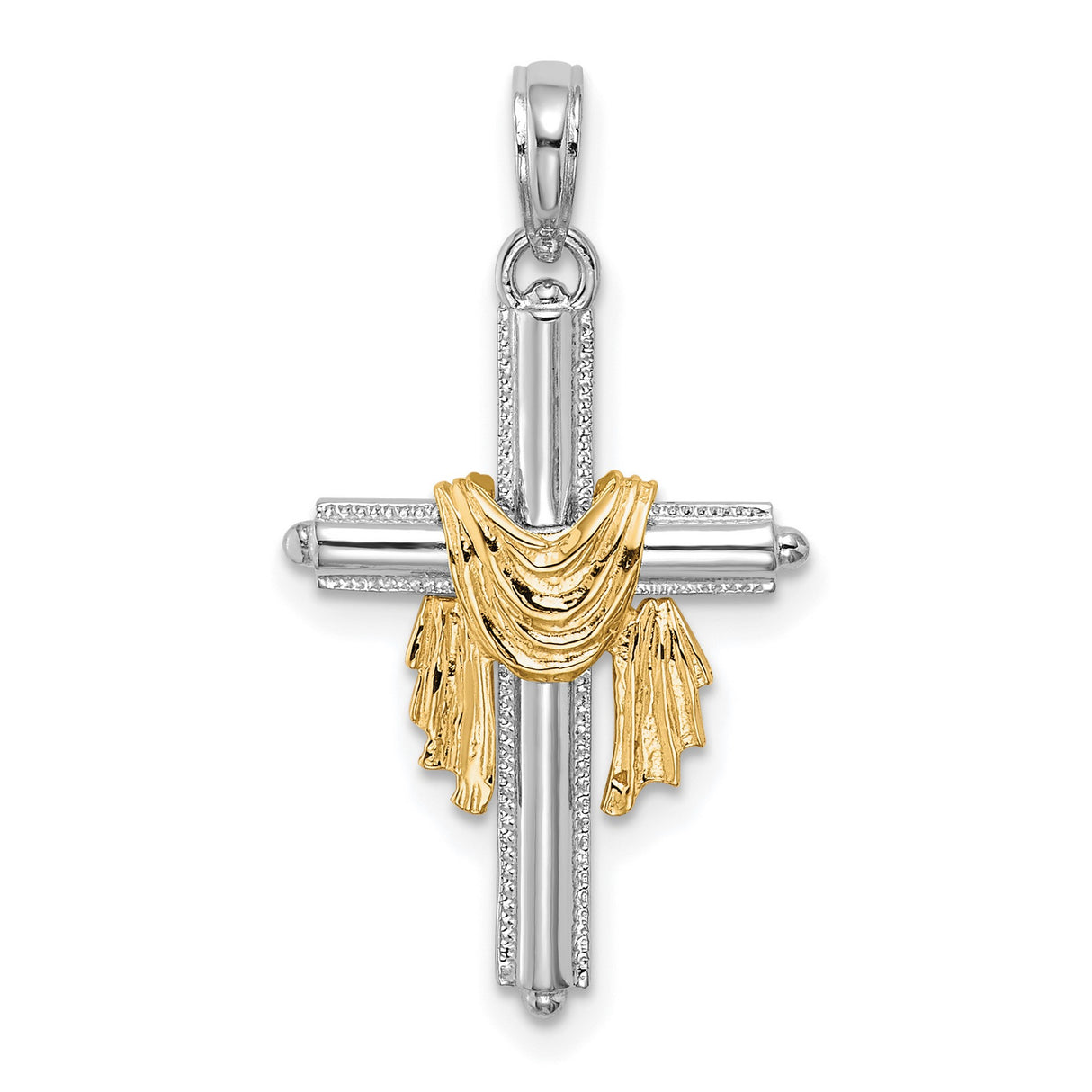 14k Two-Tone Gold Cross Pendant with Drape Detail and Beaded Edging