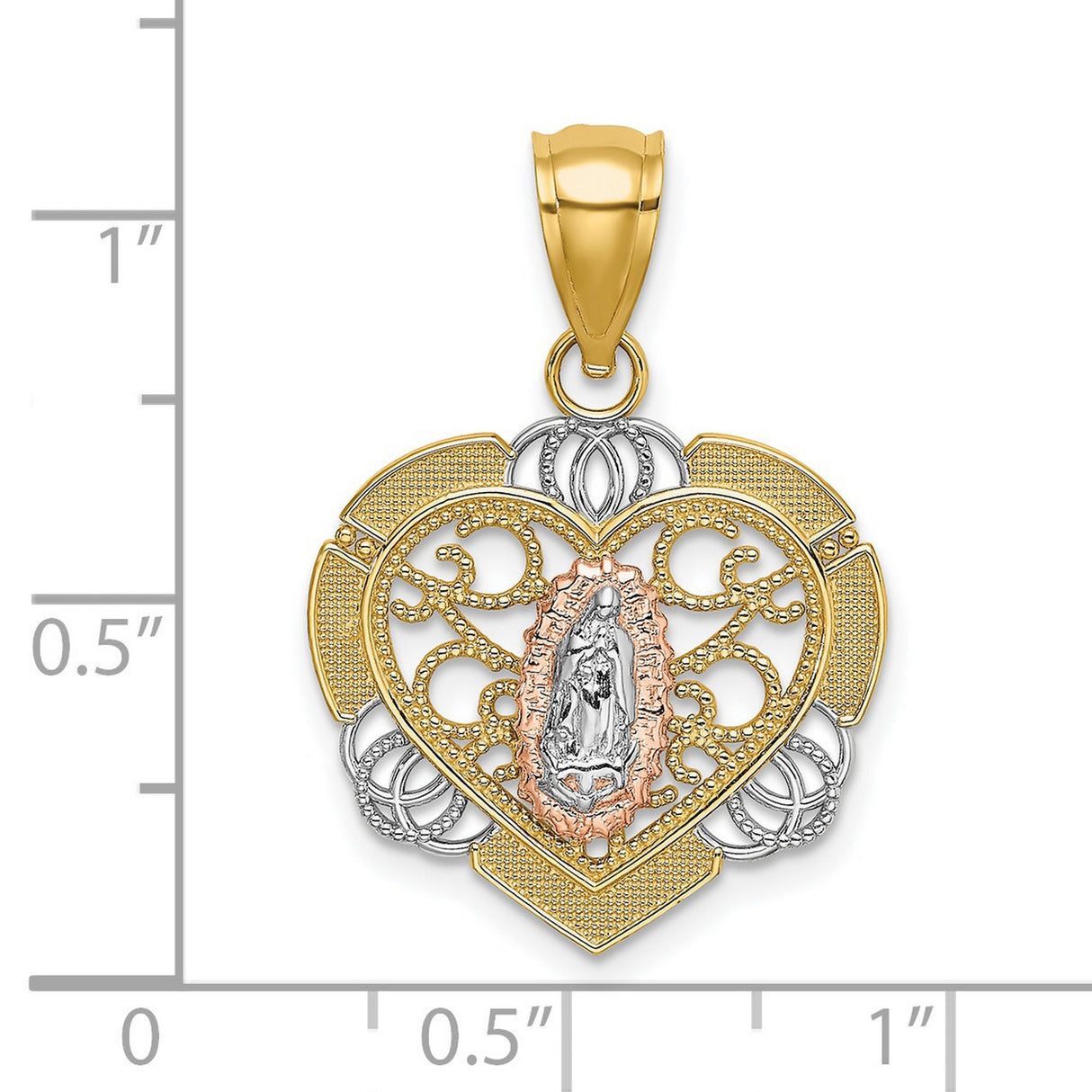 14k Two-Tone Gold Heart Pendant, Our Lady of Guadalupe Medal with Filigree for Women