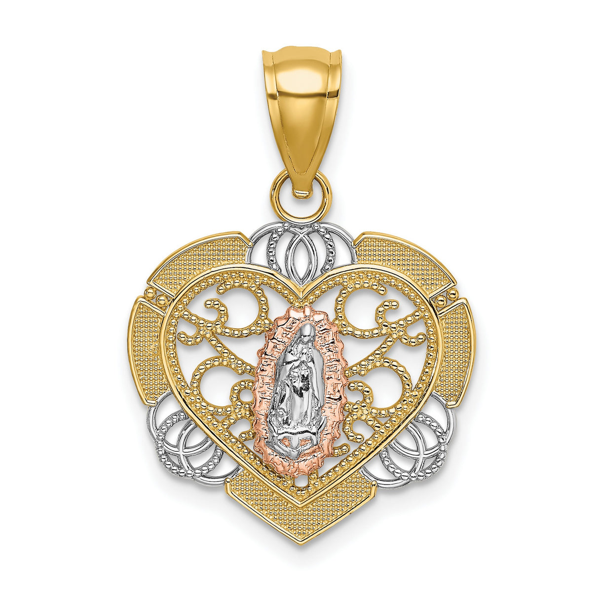 14k Two-Tone Gold Heart Pendant, Our Lady of Guadalupe Medal with Filigree for Women
