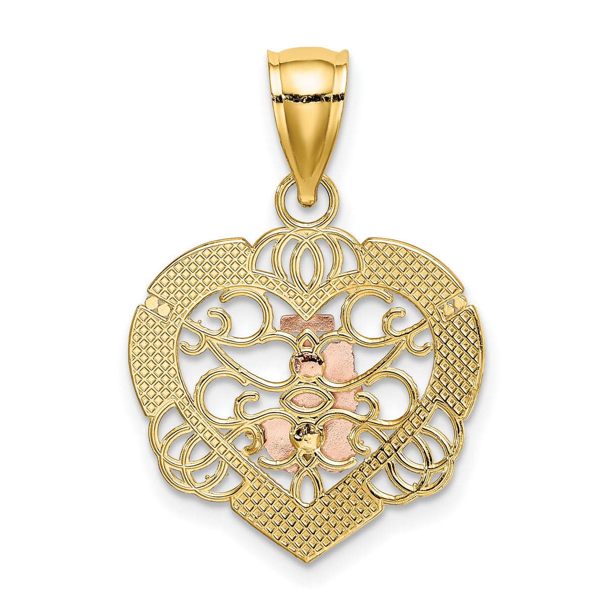 14k Two-Tone Gold Cross Pendant with Praying Hands, Heart, and Filigree Design