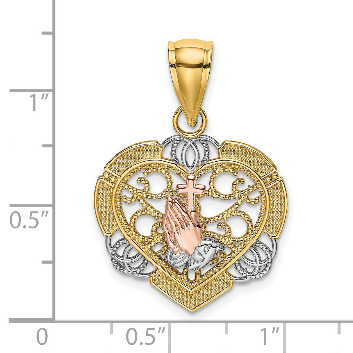 14k Two-Tone Gold Cross Pendant with Praying Hands, Heart, and Filigree Design