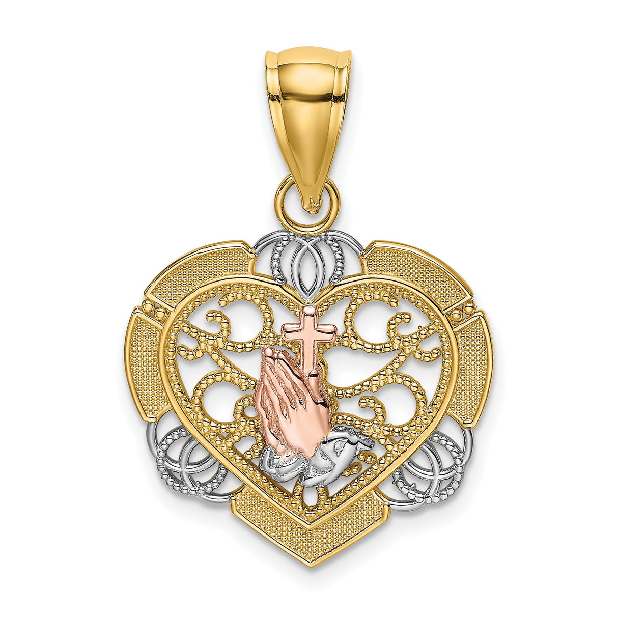 14k Two-Tone Gold Cross Pendant with Praying Hands, Heart, and Filigree Design