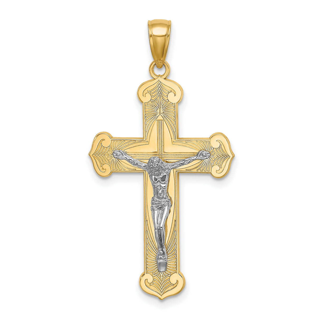 14k Multi-Tone Gold Crucifix Pendant with Jesus on Cross and Fleur-de-Lis Ends