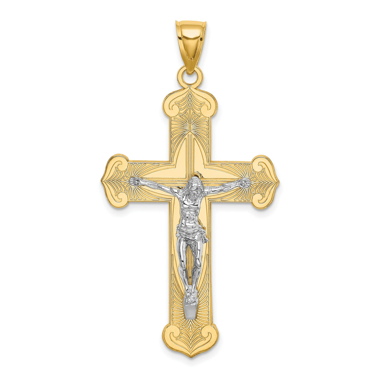 14k Two-Tone Gold Crucifix Pendant, Polished Religious Cross Design for Men and Women