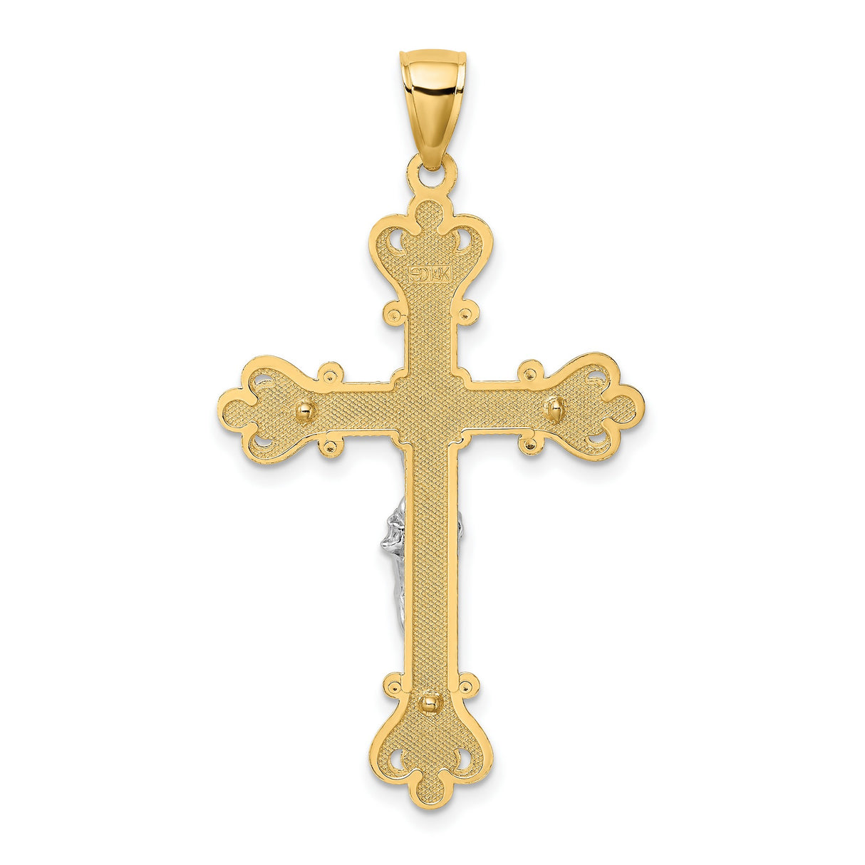 14k Two-Tone Gold Crucifix Pendant with Scrollwork Design for Men and Women