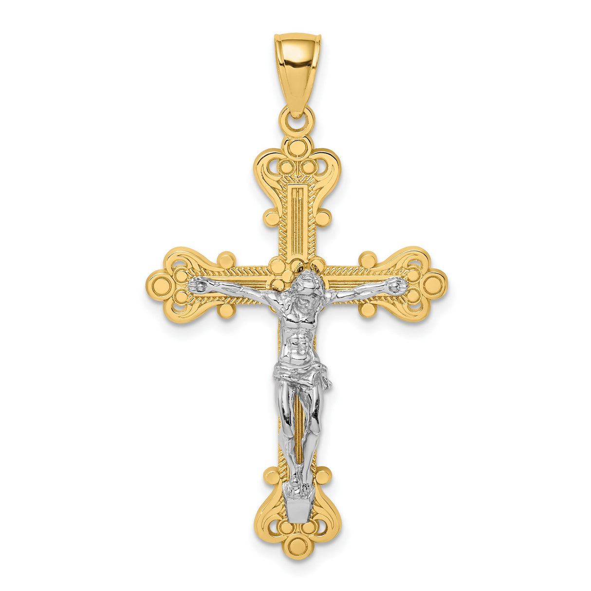 14k Two-Tone Gold Crucifix Pendant with Scrollwork Design for Men and Women