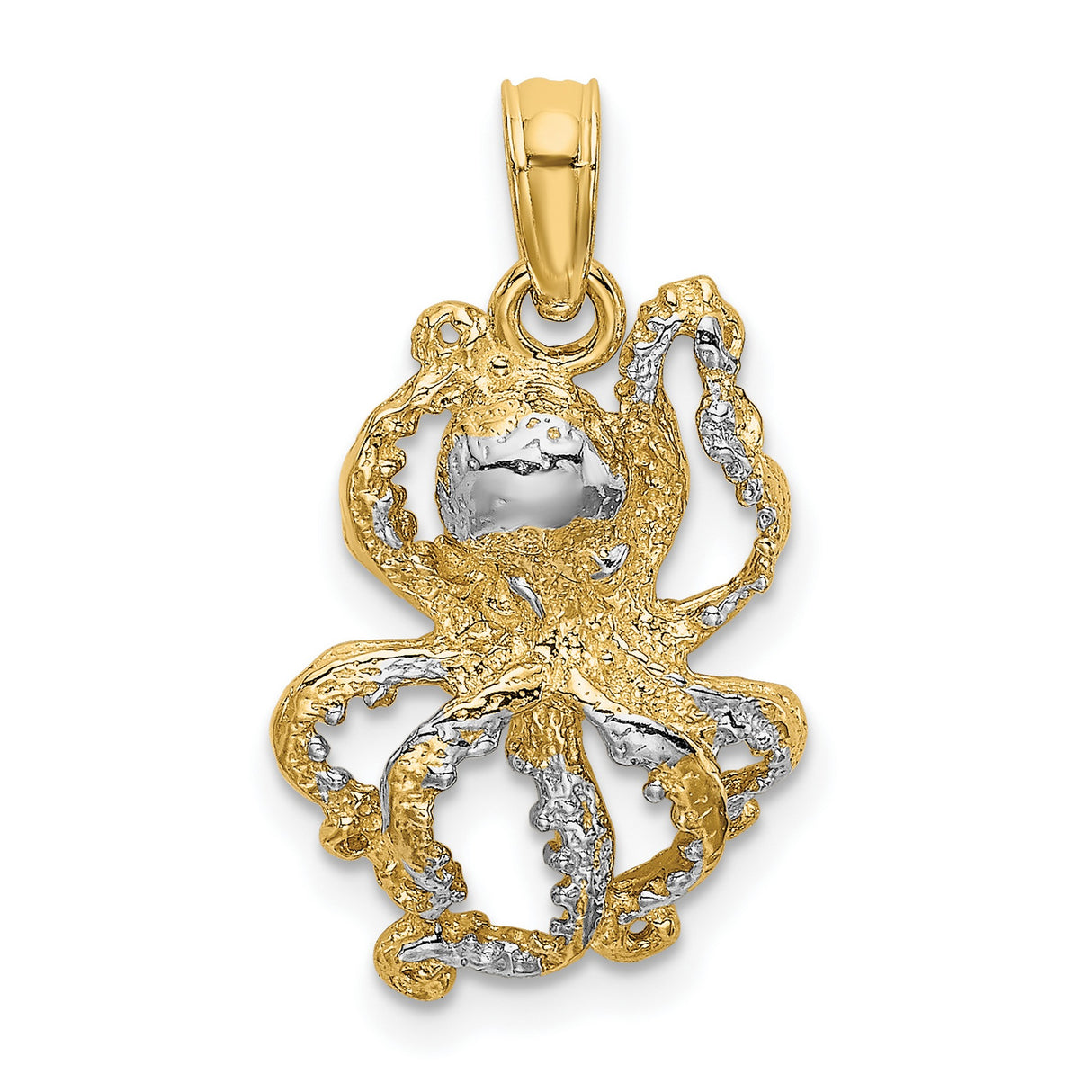14k Multi-Tone Gold Octopus Pendant with Rhodium Finish, Nautical Marine Animal Design