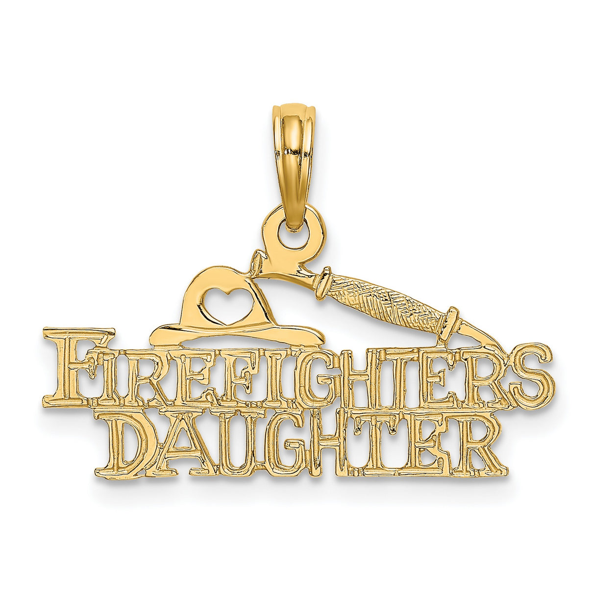 14k Yellow Gold Firefighters Daughter Pendant with Fire Helmet and Heart Cutout