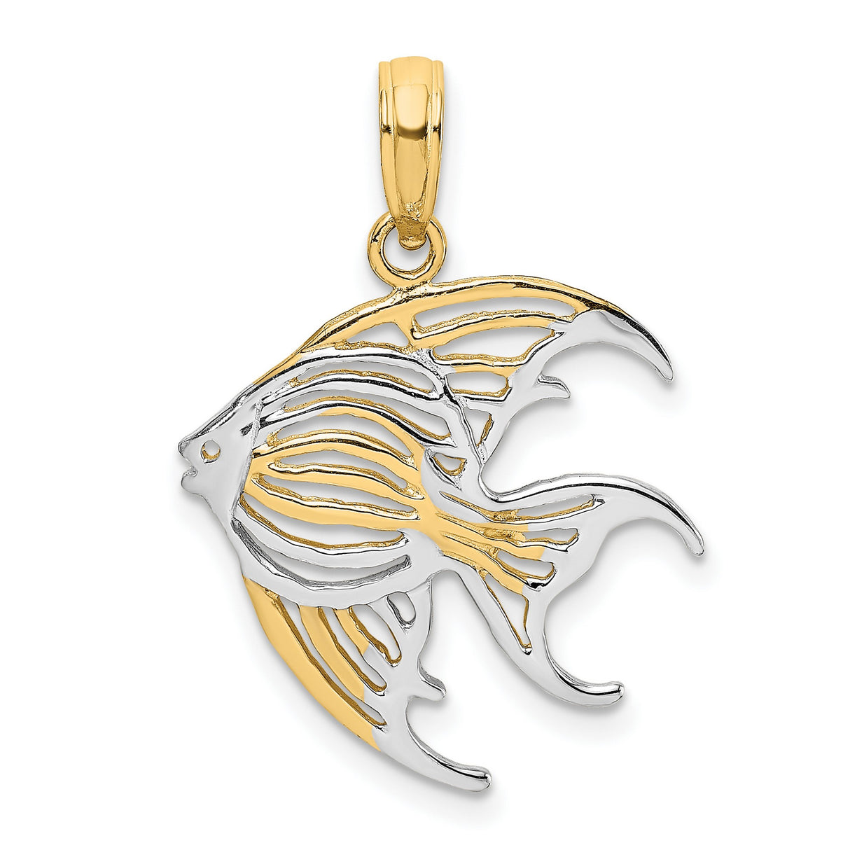 14k Multi-Tone Gold Angelfish Pendant, Openwork Nautical Sea Life Design for Women