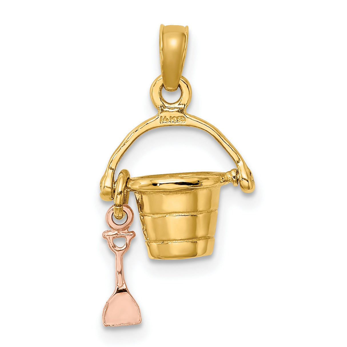 3-D Beach Bucket and Shovel Charm Pendant in Real 14k Multi-Tone Gold