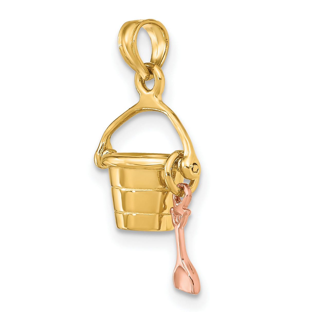 3-D Beach Bucket and Shovel Charm Pendant in Real 14k Multi-Tone Gold