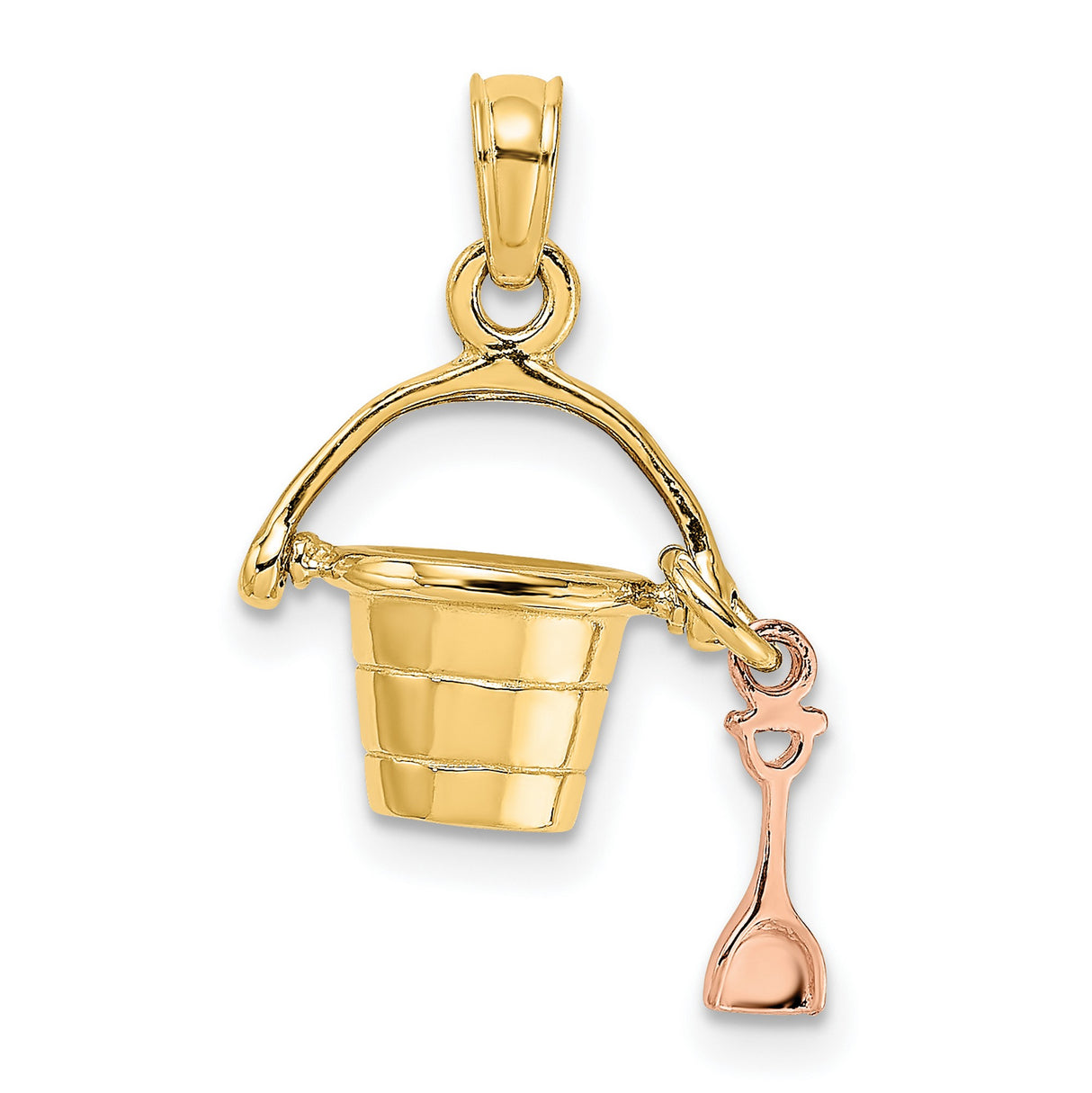 3-D Beach Bucket and Shovel Charm Pendant in Real 14k Multi-Tone Gold