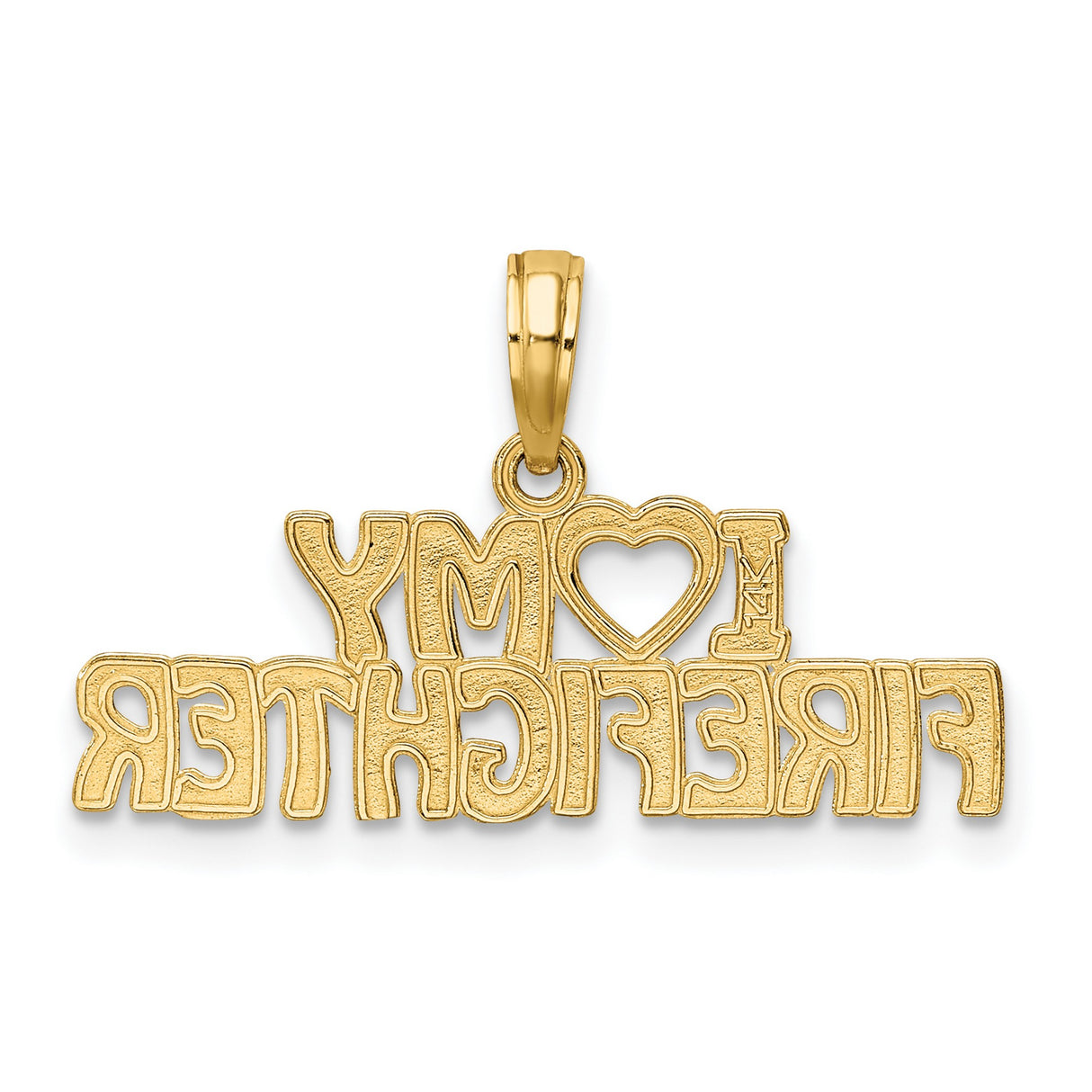 14k Yellow Gold Firefighter Pendant with Heart Symbol and Bold Lettering