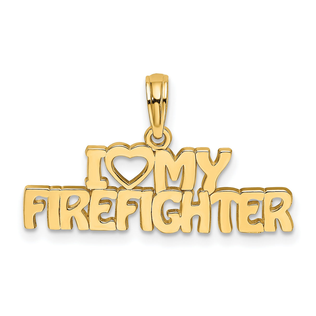 14k Yellow Gold Firefighter Pendant with Heart Symbol and Bold Lettering