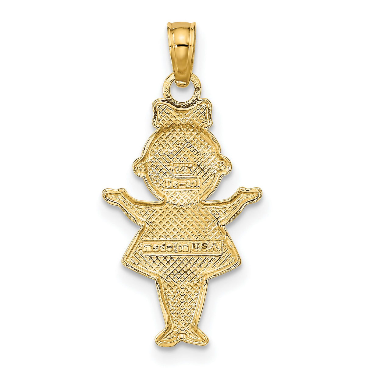 14k Multi-Tone Gold Girl Pendant with Textured Dress and Bow Detail