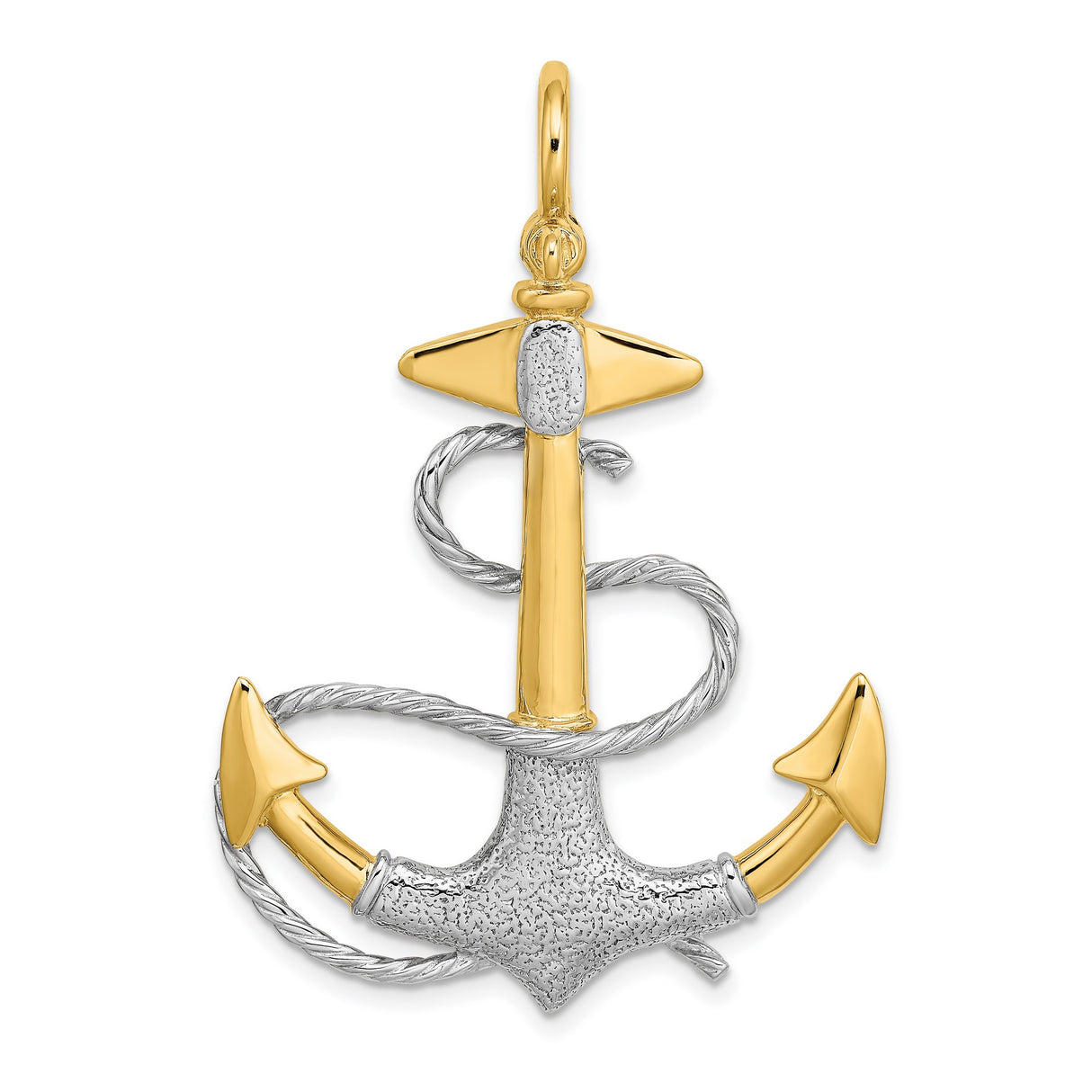 14k Two-Tone Gold Anchor Pendant with Rope Wrap Design, Nautical Cross Symbol