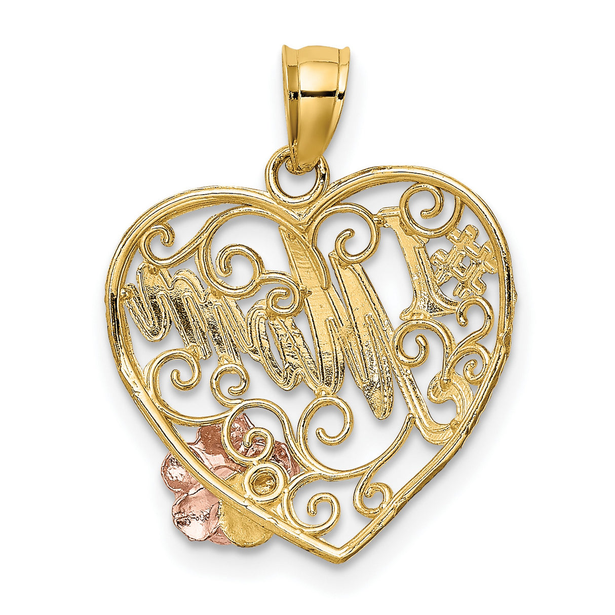 14k Two-Tone Gold Heart Pendant with Filigree, Rose Accent, and Number 1 Mom Inscription