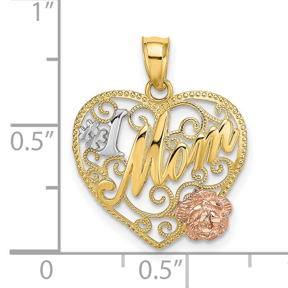 14k Two-Tone Gold Heart Pendant with Filigree, Rose Accent, and Number 1 Mom Inscription
