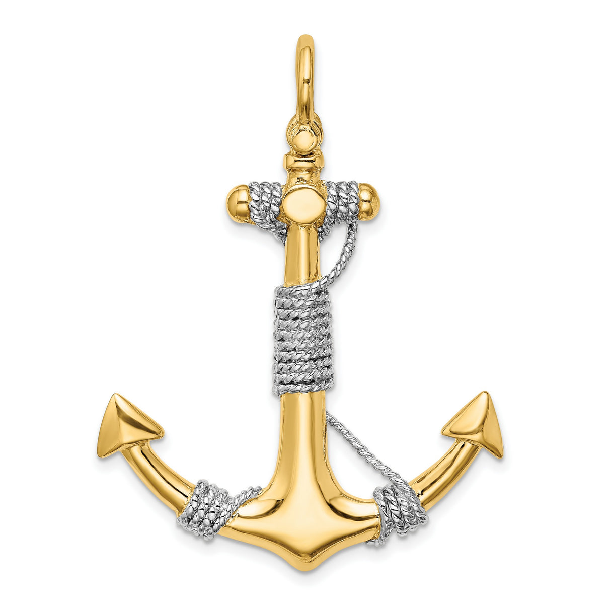 14k Two-Tone Gold Anchor Pendant with Rhodium Accents and Rope Detailing