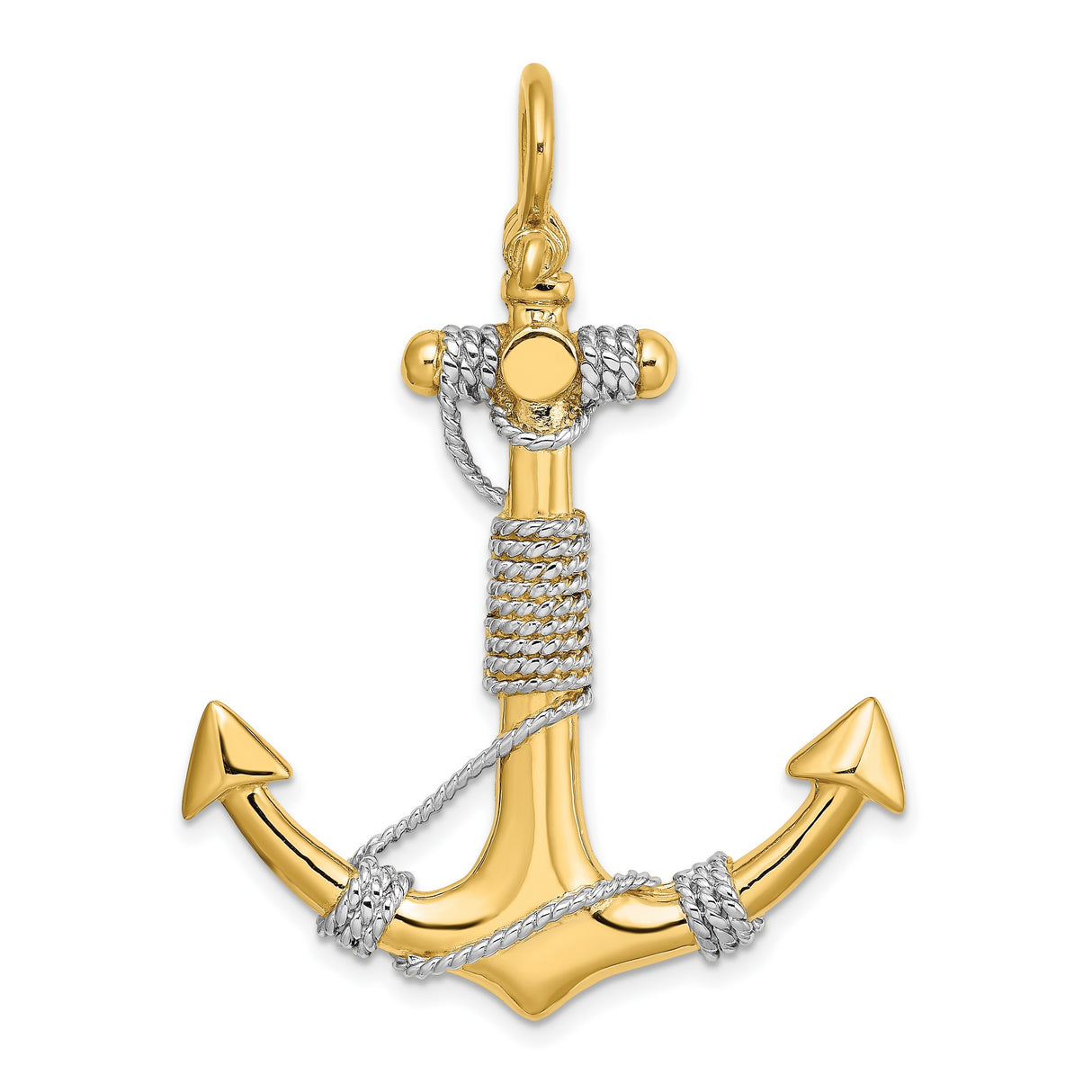 14k Two-Tone Gold Anchor Pendant with Rhodium Accents and Rope Detailing