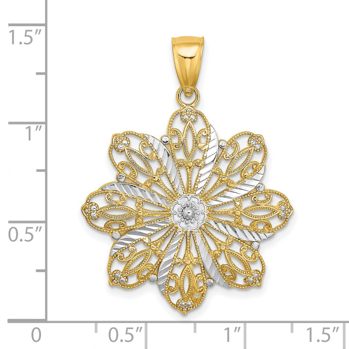 14k Two-Tone Gold Flower Pendant with Intricate Filigree Design for Women