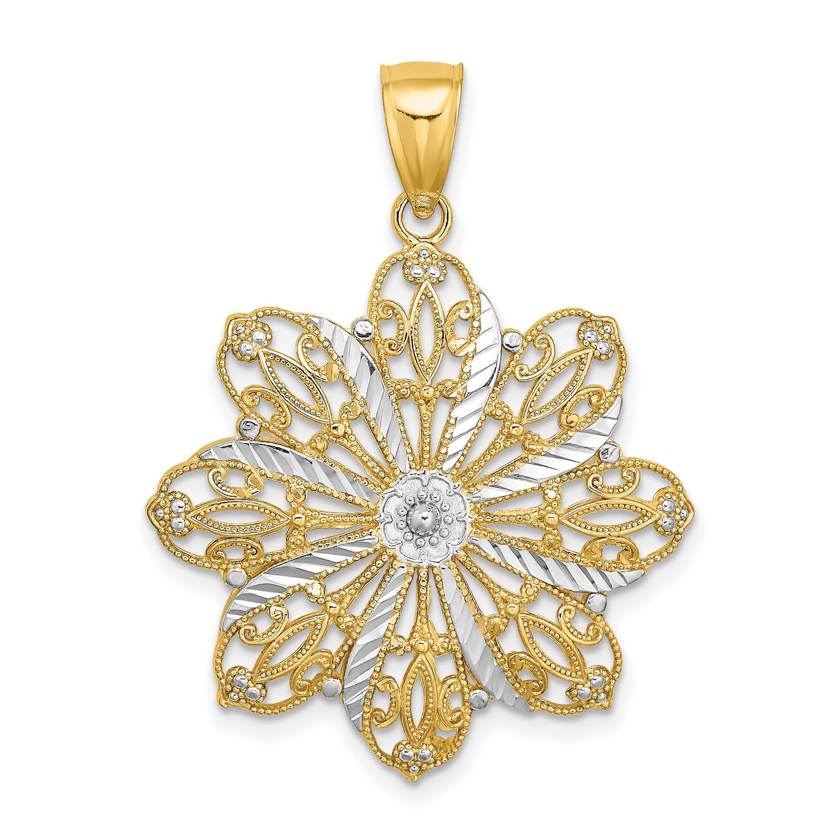 14k Two-Tone Gold Flower Pendant with Intricate Filigree Design for Women