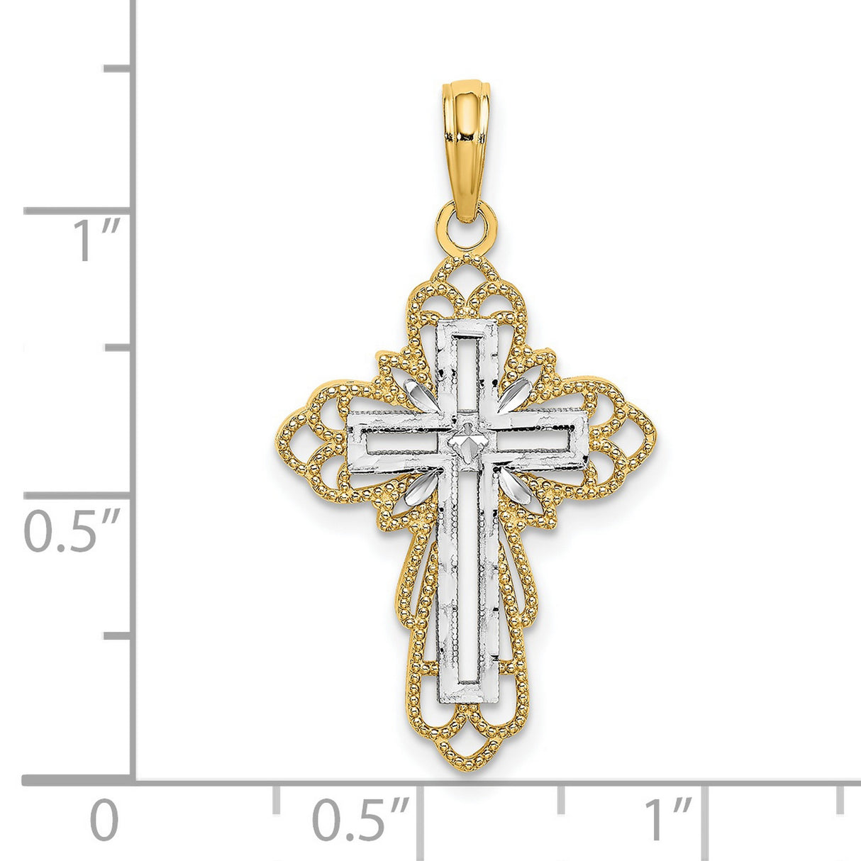 14k Two-Tone Gold Cross Pendant with Filigree Openwork and Textured Finish