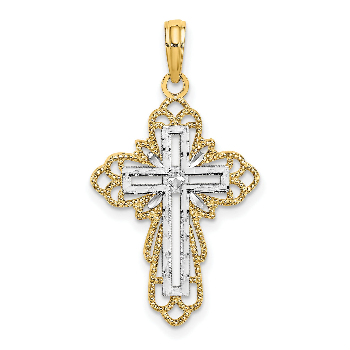14k Two-Tone Gold Cross Pendant with Filigree Openwork and Textured Finish