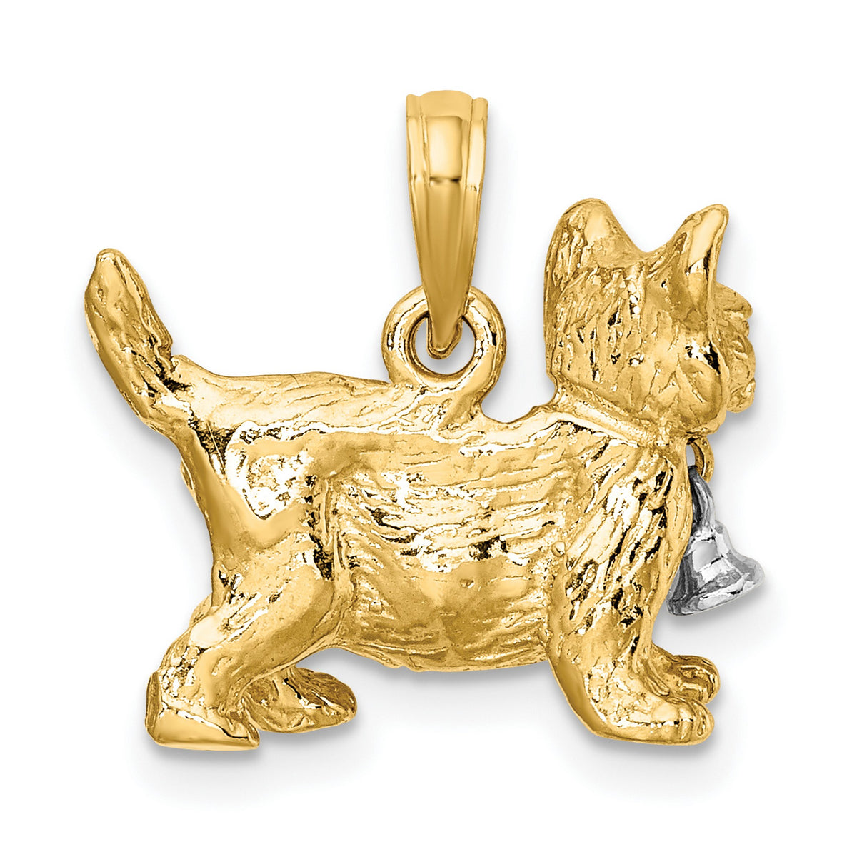 14k Two-Tone Gold Cat Pendant with White Gold Bell Charm, Dangle Animal Jewelry Charm